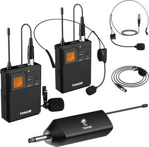 Wireless Microphone System with Dual Headset Microphones/Lavalier Lapel Mics, Bodypack Transmitters, Mini Rechargeable Receiver, 2x15 Channels 200ft Range, for Recording Speech PA Speaker