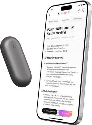 AI Voice Recorder, PLAUD NotePin Voice Recorder, App Control, AI Notetaker, AI Transcribe & Summarize Support 112 Languages, 64GB Memory, Audio Recorder for Lectures, Meetings, Gray