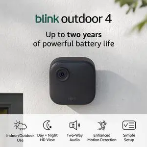 Blink Outdoor 4 (newest model), Wire-free smart security camera, two-year battery life, two-way audio, HD live view, enhanced motion detection, Works with Alexa  2 camera system