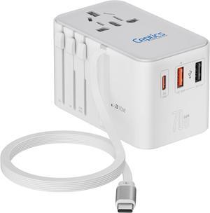 Universal Travel Adapter with 65cm Retractable USB-C Cable - 3x USB Ports (QC 3.0, PD 70W), Compatible with Type A, C, G, I Outputs