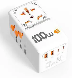100W GaN Universal Travel Adapter, International Plug Adaptor with 2 USB C and 2 USB A Charging Ports, Worldwide Power Outlet for US to Europe EU UK AUS Ireland(Type C/G/A/I)