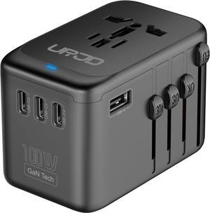 Universal Travel Adapter 100W GaN Fast Charger in One, 4 USB C & 1 USB A & AC Outlet, International Power Adapter Plug Converter with EU UK US AUS Plugs for 180+ Countries