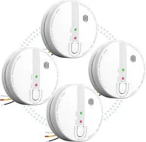 Smoke Detector, Hardwired Interconnected Smoke Detectors, Smoke Alarm with Replaceable 9V Battery, Interconnects Up to 12 Fire Alarms Smoke Detectors, Fire Alarm with Test/Silence Button 4 Packs