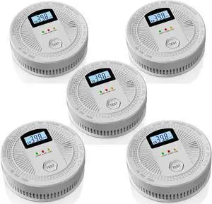 5 Pack Combination Photoelectric Smoke and Carbon Monoxide Alarm Detector with LCD Display; Battery-Operated Smoke Carbon Monoxide Alarm