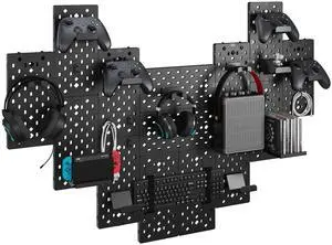 Controller and Headphone Holder Wall Mount, Modular Gaming Pegboard with Accessories, Controller Stand for Xbox PS5 PS4 Switch, Video Game Storage, Disc Shelf Organizer, 14pcs Pegboard, Black