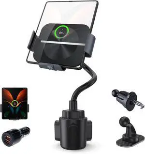 Wireless Car Charger for Z Fold 7/6/5/4/3/2, Dual Coil Cup Holder Phone Mount, Tesla, Auto Clamping Fast Charging iPhone 16/15/14(Not Fit Pixel Fold)