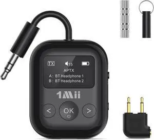 Safefly Min+ Bluetooth Transmitter and Receiver for Airplane/TV to 2 Bluetooth Headphones 3.5mm Aux Wireless Audio Adapter with Screen for AirPods Flight Gym Car/Home Stereo Travel