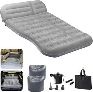 SUV Air Mattress Thickened Flocked Camping Bed for Car Trunk & Back Seat  Includes Electric Pump & 2 Foot Pedals  Portable Inflatable car Mattress (Gray)