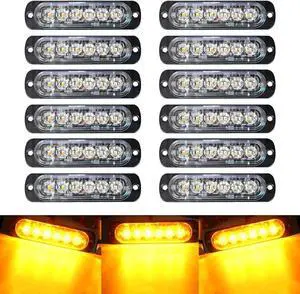 12-Pack 6 LED Amber Strobe Lights Vehicles Trucks Emergency Kit 12V -24V Warning Hazard Flash Bar Grill Grille Surface Mount Super Bright Waterproof  12 Pieces