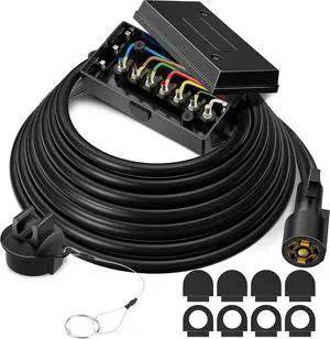 Heavy Duty 7 Way Plug Inline Trailer Cord with 7 Gang Junction Box 16 Feet, Weatherproof Heavy Duty 7 Way Plug Inline Trailer Cord with 7 Gang Junction Box 16 Feet, Weatherproof