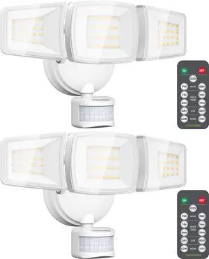 Security Lights Motion Sensor Outdoor, 2Pack LED Flood with Remote, Dusk to Dawn 45W 5000lm 5000K, 3 Heads Wired Wall Adjustable Floodlights, IP65 Waterproof for Garage Yard House White