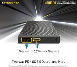Nitecore NB10000 GEN II Quick Charge Dual-Output Type-C USB Power Bank with Eco-Sensa Type-C Charging Cable