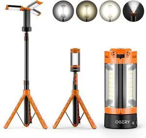 Rechargeable 10000mAh Camping Light with Stand 6.5 ft Max Height, Cordless Work 3 LED Lamp Heads, 2200 Lumens Essentials Gear Emergency Flashlight Detachable Tripod  Orange -