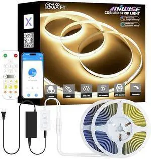 COB LED Strip Lights 65.6ft/20m,UL-Listed CRI 90+ Dimmable 3000K Warm White Super Bright,with APP Control/RF Remote,Work with Alexa/Google,for Home/Cabinet/Bedroom/Kitchen DIY Lighting Projects
