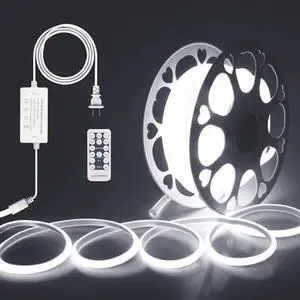 65.6ft Outdoor COB LED Strip Lights Waterproof IP67 AC 110V 120V Dimmable LED Light Strip Daylight White 6000K 5760LEDs Uniform Glow Neon Light Strip with Remote for Patio Garden Pool Decor