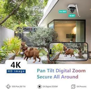 4K PTZ WiFi Security Camera Outdoor, 8MP Wireless IP Dome Camera Indoor with Humanoid Tracking, Infrared HD Night Vision, 2-Way Audio, SD Card Record, Support RTSP, FTP, PC, APP, 2.4/5 GHz WiFi