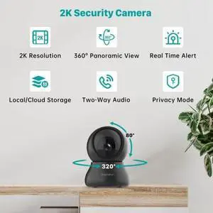 Security Cameras Indoor, 2K Wired Cameras for Home Security with Night Vision, 2-Way Audio, Motion Detection, Compatible with Alexa (4 Pack), Black