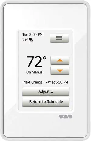 Programmable Touchscreen Thermostat [DITRA-HEAT-E-RT] controls 120/240V floor heat systems, sleek bright white design, built-in GFCI, includes floor sensor