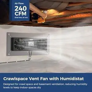 Crawl space Basement Ventilator Fan, VentirPro-S2 with Temperature Humidity Controller, Timing Cycle, Speed Control, for attic, garage, shed, crawl space, basements, 240CFM (Air-out)