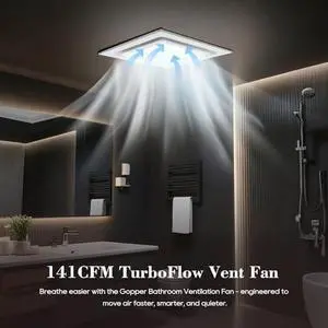 12" Panel Bathroom Exhaust Fan with Light, Mounting Opening 10"x10", 141CFM Bathroom Fan Light Combo, Ultra Quiet 1.0 Sone Exhaust Fan with LED Light, Ventilation Fan for Home/Office