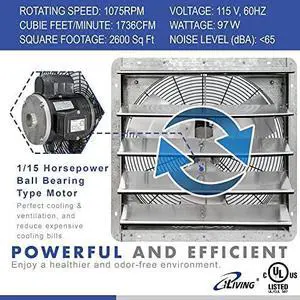 18" Wall Mounted Shutter Exhaust Fan, Automatic Shutter, with Thermostat and Variable Speed controller, 0.85A, 1736 CFM, 2600 SQF Coverage Area Silver (ILG8SF18V-ST)