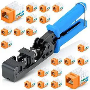 90° Angled Speed Termination Keystone Tool Set - with 20-Pack of RJ45 Cat6 Keystone Jacks in White (Slim Profile Design) - Time Saver Network Punch Down Tool Cat6