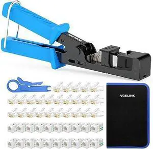Speed Termination Keystone Tool for VCE 90-Degree Keystone Jacks Punch Down Network Tool Kit with 20-Pack CAT6 Keystone Jacks UL-Listed White, 25-Pack RJ45 Connectors and One Mini Wire Strippe