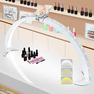 29in Half Moon Light for Nail Desk, Foldable Nail Light for Desk, Large LED Desk Lamp Professional Lash Lamp Adjustable Brightness with Phone Holder for Manicure,Drawing,Craft,Makeup,Tattoo(White 2)