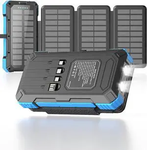 Solar Charger Power Bank 49800mAh with 4 Built-in Cables & 3 Foldable Panels, PD22.5W Fast Portable Phone Charger, External Battery Pack with USB-C in/Output & Flashlight for Outdoor Camping