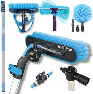 26ft Pole Washing Kit: Water-fed Brush, Cobweb Duster and 10 Squeegee and Soap Dispenser, with 5-Stage Telescoping Pole 5-20ft Pole