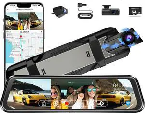 Aprilboy 3 Channel Mirror Dash Camera for Cars, 10" Triple Rear View Mirror with Front 4K/3K, Inside and Rear 1080P with WiFi, G-Sensor, Night Vision, Reverse Assist, Parking Monitoring