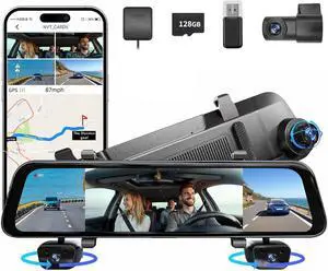 2025 Rear View Mirror Camera, 4 Channel Mirror Dash Cam Front and Rear Inside, 12" Touch Screen 360° Dash Camera for Cars, Wi-Fi, APP, GPS, IR Night Vision Backup Camera, Free 128GB SD Card