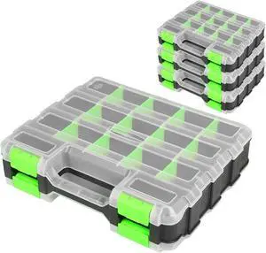 Tool Box with Transparent Lid, Double Side 34-Compartments Organizer Box with Removable Dividers for Hardware, Screws, Bolts, Nails, Beads, Jewelry and Fishing Accessories, Green, 4 Packs Tool Box with Transparent Lid, Double Side 34-Compartments Organizer Box with Removable Dividers for Hardware, Screws, Bolts, Nails, Beads, Jewelry and Fishing Accessories, Green, 4 Packs