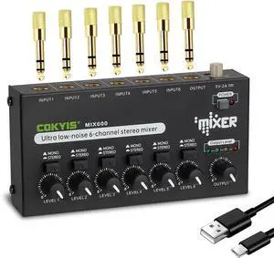 Mini Audio Mixer, 6-Channel Stereo Line Mixer for Precision Sub-Mixing, with Ultra Low-Noise Operation, Independent Microphone Control, 1/4" TRS Input/Output-for Guitars, Bass, Stage Mixer Mini Audio Mixer, 6-Channel Stereo Line Mixer for Precision Sub-Mixing, with Ultra Low-Noise Operation, Independent Microphone Control, 1/4" TRS Input/Output-for Guitars, Bass, Stage Mixer