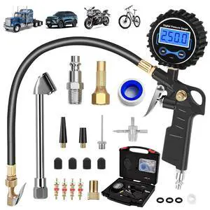 Digital Tire Pressure Gauge with Inflator 250 PSI, Heavy Duty 360° Air Chuck Air Compressor Attachments, Improved Leaks Protection & Extended Hose Tire Gauge, 0.1 Display Resolution, with Storage Box Digital Tire Pressure Gauge with Inflator 250 PSI, Heavy Duty 360° Air Chuck Air Compressor Attachments, Improved Leaks Protection & Extended Hose Tire Gauge, 0.1 Display Resolution, with Storage Box