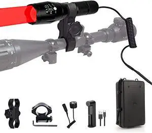 350 Yard Red Light Predator Light Zoomable Long Range Night Hunting Coyote Varmint Light Tactical Hunting Led Flashlight with Pressure Switch, Picatinny & Scope Mounts, Charger Included 350 Yard Red Light Predator Light Zoomable Long Range Night Hunting Coyote Varmint Light Tactical Hunting Led Flashlight with Pressure Switch, Picatinny & Scope Mounts, Charger Included