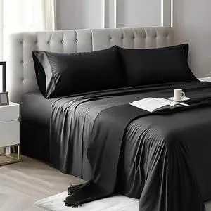 4 Piece Queen Size Sheet Set Hotel Luxury Bed Sheets Breathable & Cooling Black 4 Piece Queen Size Sheet Set Hotel Luxury Bed Sheets Breathable & Cooling Black
