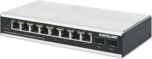 Intellinet Industrial 8-Port Gigabit Ethernet PoE+ Switch with 2 SFP Ports, IEEE 802.3at/af (PoE+/PoE) Compliant, PoE Power Budget up to 240 W, IP40-Rated Metal Housing, Endspan, DIN-Rail Mount