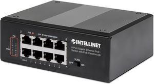 Intellinet PoE-Powered 8-Port Gigabit Ethernet PoE+ Industrial Switch with PoE Passthrough, One PD PoE Port with 95 W Power Input, Seven PSE PoE Ports, PoE Power Budget up to 120 W, IEEE 802.3at/af Co