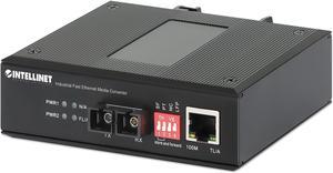 Intellinet Industrial Fast Ethernet Media Converter, 10/100Base-TX to 100Base-FX (SC) Multi-Mode, 2 km (1.24 mi.), Wavelength 1310 nm, IP40-rated Metal Housing, DIN-rail Mount