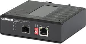 Intellinet Industrial Gigabit Media Converter and PoE+ Injector, 10/100/1000Base-TX to SFP Slot, PoE Injector Function, 30 W, IEEE 802.3at/af Compliant, IP40-rated Metal Housing, DIN-rail Mount