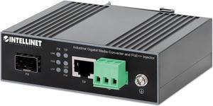 Intellinet Industrial Gigabit Media Converter and PoE++ Injector, 10/100/1000Base-TX to SFP Slot, PoE Injector Function, 90 W, IEEE 802.3bt (4PPoE) Compliant, IP30-rated Metal Housing, DIN-rail Mount