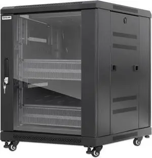 Intellinet Pro Line Network Cabinet with Integrated Fans, 12U, 23.6 in. (600 mm) Depth and Width, Roof-mounted Two-fan Ventilation Unit, Assembled, Black RAL 9004