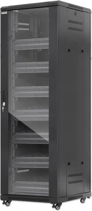 Intellinet Pro Line Network Cabinet with Integrated Fans, 38U, 23.6 in. (600 mm) Depth and Width, Roof-mounted Two-fan Ventilation Unit, Assembled, Black RAL 9004
