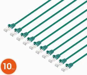 Intellinet Cat8.1 U/FTP Slim Network Patch Cable, 0.5 ft., Green, 10-Pack, 40G, 2 GHz, 100% Copper, 30 AWG, RJ45, Stranded, Snag-free, Gold-plated Contacts