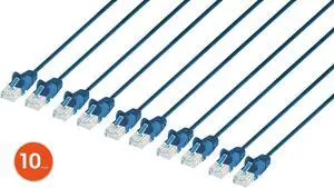 Intellinet Cat6 U/UTP Slim Network Patch Cable, 1 ft., Blue, 10-Pack, 10G, 250 MHz, 100% Copper, 30 AWG, RJ45, Stranded, Snag-free, Gold-plated Contacts