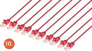 Intellinet Cat6 U/UTP Slim Network Patch Cable, 1 ft., Red, 10-Pack, 10G, 250 MHz, 100% Copper, 30 AWG, RJ45, Stranded, Snag-free, Gold-plated Contacts