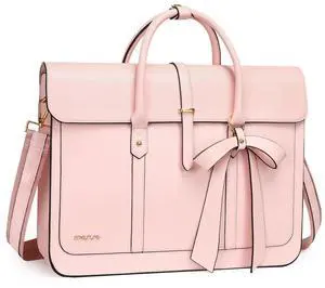 MOSISO Laptop Bag for Women, 13-14 inch PU Leather Laptop Shoulder Bags Convertible Backpack, 13.3 inch Messenger Bags Casual Handbag Work Briefcase Travel Computer Bag with Bowknot, Pink