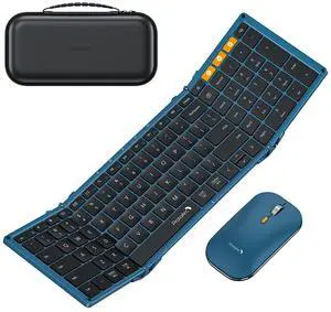 ProtoArc Foldable Keyboard and Mouse, XKM01 True Full-Size Folding Keyboard Mouse Combo for Business and Travel, 2.4G+Dual Bluetooth Portable Mouse Keyboard for Laptop iPads Tablets - Blue