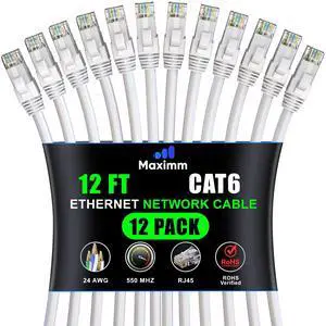 Maximm Cat 6 Ethernet Cable 12 Ft, (12-Pack) Cat6 Cable, LAN Cable, Internet Cable, Patch Cable and Network Cable - UTP (White) 12 Feet ethernet Cord
